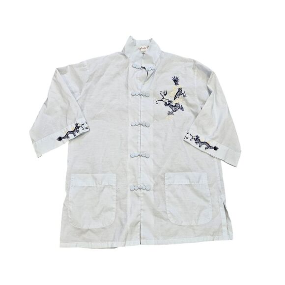 Vtg Chinese Kimono Top Womens L Blue Embroidered Dragons Pockets Short Sleeve - Picture 1 of 10